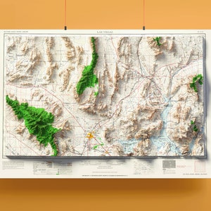 Las Vegas: Retro 1962 Flache 2D Karte ~ schattiertes Relief Poster Wand Kunst Dekor Topographisch