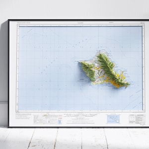 Oahu, Hawaii kaart ~ Vintage schaduwrijke reliëf platte 2D print ~ poster Wall Art decor topografie