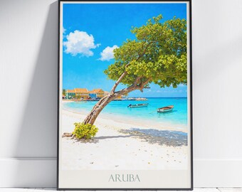 Aruba Caribbean Travel Poster: Oranjestad Harbor & Divi Tree Painted Art Print