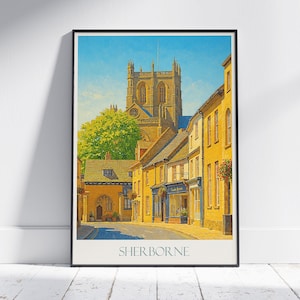Cartaz de viagem de Sherborne, Inglaterra ~ Impressão de cena da Abbey Street | Arte de parede da cidade de Dorset | Presente de decoração para casa histórica