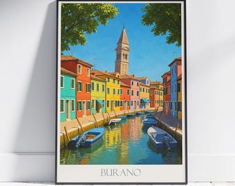 Burano Italy Travel Poster: Colorful Canal Houses, Painted Art Print