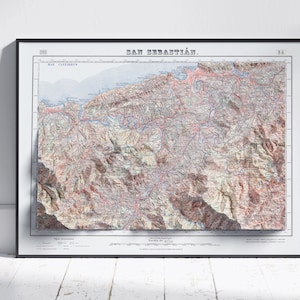 Saint-Sébastien, Pays basque, Espagne ~ impression de carte 2D vintage en relief ombré ~ affiche murale art déco topographie