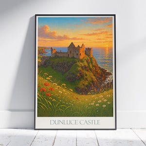 Póster de viaje del castillo de Dunluce / Impresión artística del atardecer en Irlanda del Norte / Decoración de pared con ruinas de un antiguo castillo / Regalo de paisaje costero