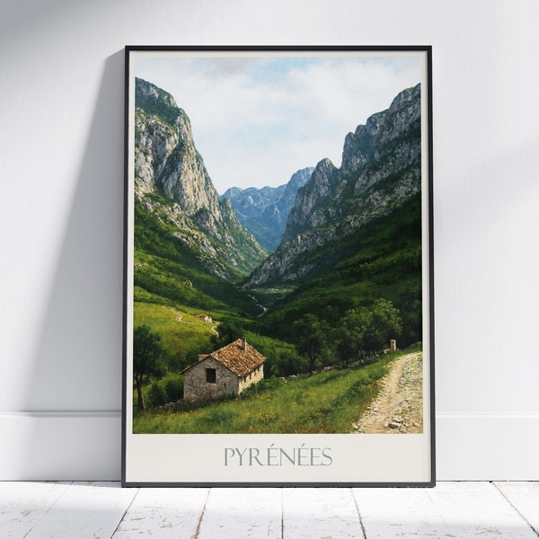 Affiche de voyage dans les Pyrénées ~ Affiche de voyage France Espagne | Art mural peint et décoration d'intérieur | Impression personnalisée encadrée | Cadeau de voyage de vacances