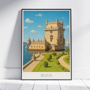 Poster di viaggio della Torre di Belem / Stampa artistica retrò di Lisbona Portogallo / Decorazione murale Torre de Belém