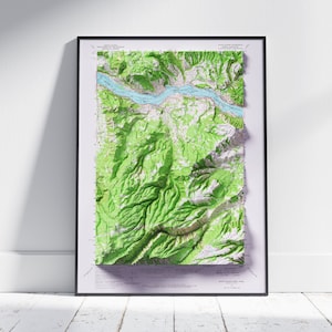 Witte Zalm & Columbia River, Oregon/Washington ~ Schaduwrijke Relief Platte 2D Kaart Print ~ Poster Wall Art Decor Topografie