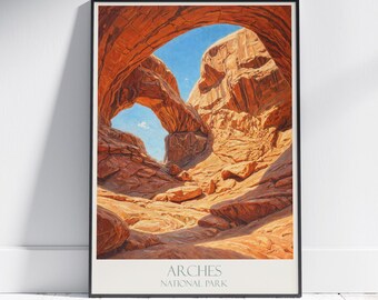 Double Arch Arches National Park Travel Poster, Utah Desert Art Print
