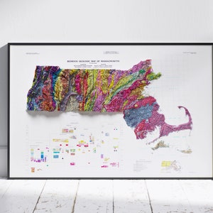 Carte géologique du Massachusetts plat en relief ombragé 2D ~ impression affiche murale Art déco topographique