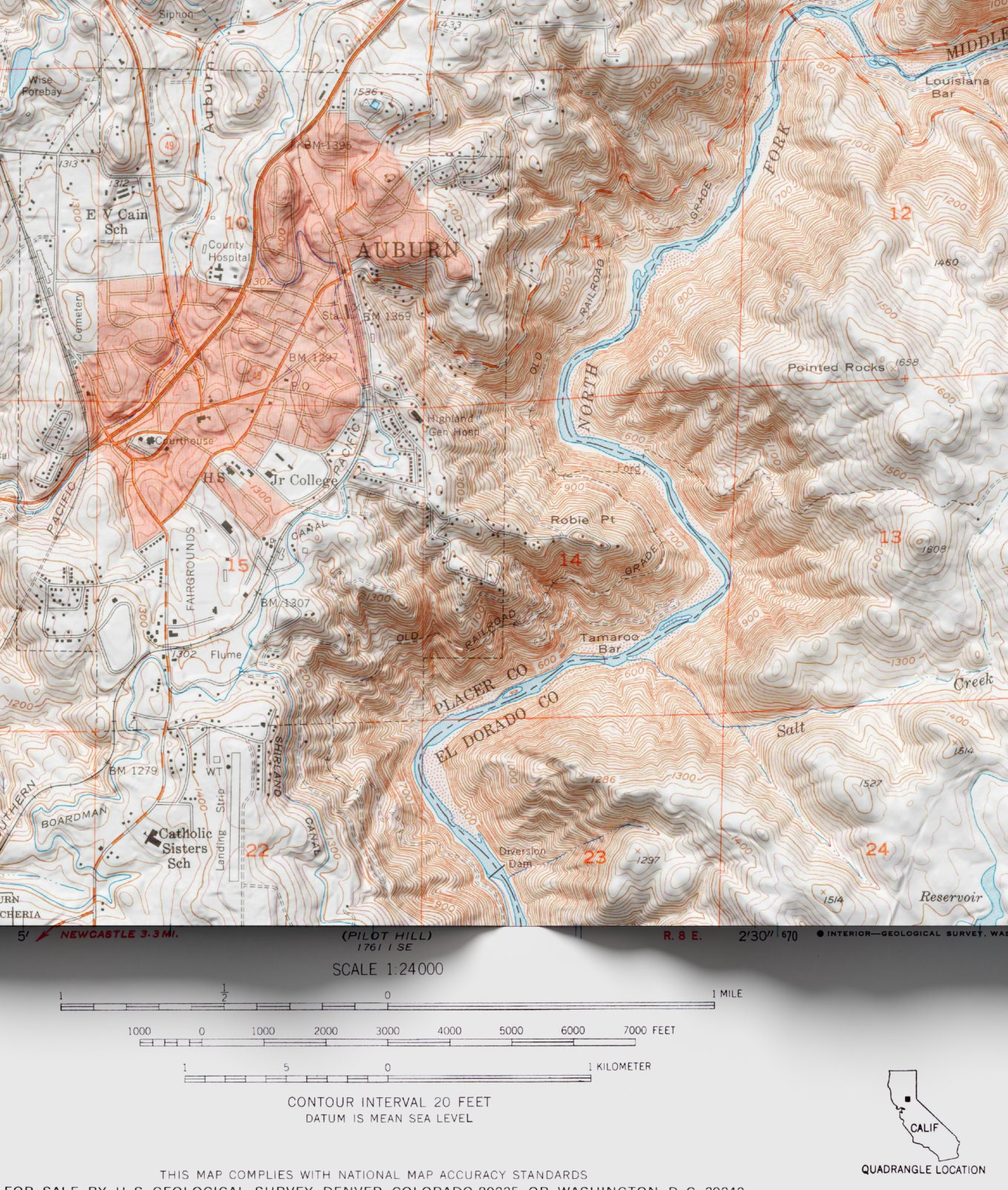 Auburn, California ~ Shaded Map Flat 2D Print ~ Poster Wall Art Decor ...