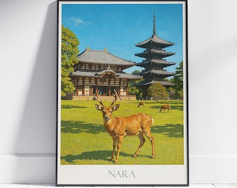 Nara Japan Travel Poster: Todai-ji Temple & Deer Art Print