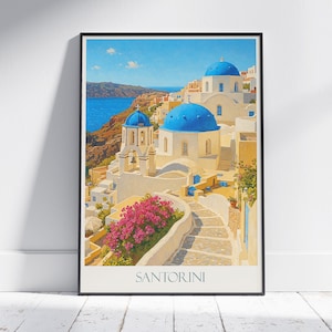 Santorini Travel Poster, Greece | Iconic Blue Domes Painted Wall Art | Mediterranean Decor Print