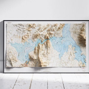 Lake Mead, Arizona / Nevada ~ Vintage kaart schaduwrijke reliëf platte 2D print ~ poster Wall Art decor topografisch