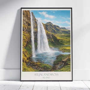 Stampa di viaggio in Islanda, cascata di Seljalandsfoss ~ Poster di viaggio, arte murale, decorazione per la casa, regalo personalizzato con cornice
