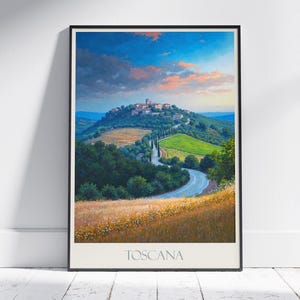 Reisposter Toscane ~ reisposter Italië | Geschilderde muurkunst en woondecoratie | Ingelijste gepersonaliseerde print | Vakantiereiscadeau