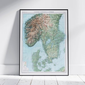 Südskandinavien & Dänemark, Vintage Landkarte 2D Topographisch Relief ~ Print Poster Wandkunst Dekor