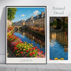 Pôster de viagem de Quimper | Impressão de parede da Bretanha, França | Decoração de paisagem urbana com rio pintado | Presente de viagem personalizado