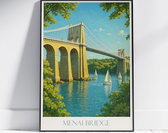 Menai Bridge Travel Poster | Wales Vintage Art Print | Historic UK Landmark Wall Art