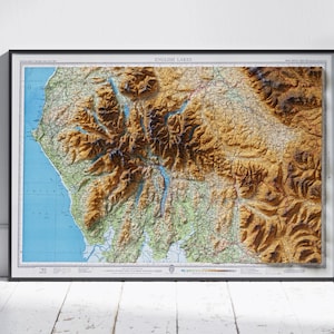 Carte vintage de Lake District, impression en relief ombragé 2D ~ affiche murale art déco ~ Windermere, Scafell Pike, Whitehaven, Derwent, Westmorland