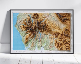 Lake District Vintage Map Flat 2D Shaded Relief Print ~ Poster Wall Art Decor ~ Windermere, Scafell Pike, Whitehaven, Derwent, Westmorland