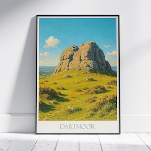 Dartmoor Travel Print, Haytor Rocks ~ Travel Poster | Painted Wall Art Print & Home Decor | Framed Personalized Vacation Gift