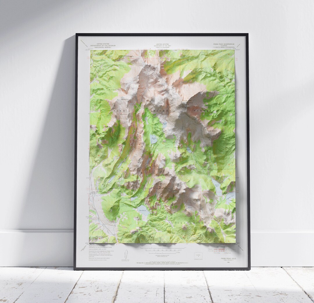 Pikes Peak, Colorado ~ Vintage Shaded Flat 2D Map Print ~ Poster Wall ...