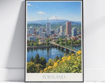 Portland Travel Poster: Mount Hood & Willamette River Art Print