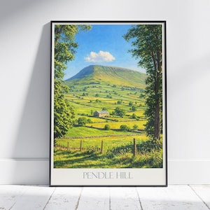 Pendle Hill Travel Poster: Lancashire Farmhouse Landscape Art Print