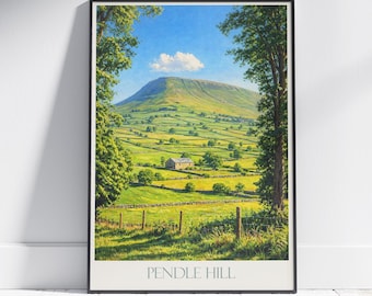 Pendle Hill Travel Poster: Lancashire Farmhouse Landscape Art Print