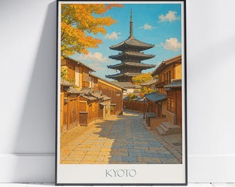 Kyoto Japan Travel Poster: Yasaka Pagoda Temple, Vintage Japanese Landscape