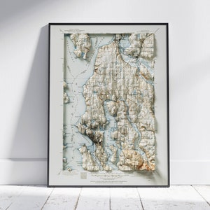Seattle & Snohomish, Washington ~ Vintage schaduwrijke reliëf platte 2D kaart afdrukken ~ Poster Wall Art Decor topografie