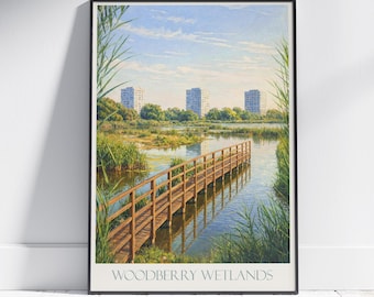 Woodberry Wetlands London Art Print: retro landschapsreisposter