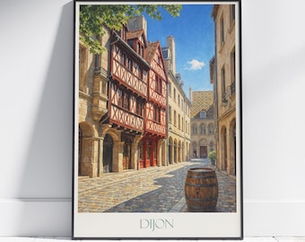 Dijon France Travel Poster: Half-Timbered Street Art Print