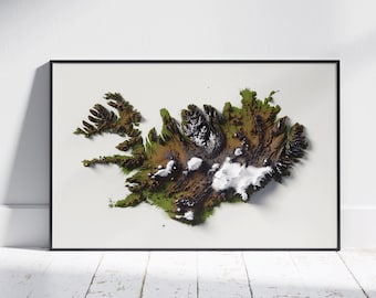 Iceland Map ~ Terrain Style Flat 2D Shaded Relief Print ~ Plain Topographic Poster Modern Wall Art Decor