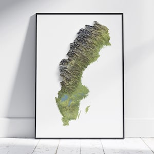 Schweden Karte Drucken ~ Flaches 2D Topographisches Relief ~ schattiertes Poster Wandkunst modernes Dekor