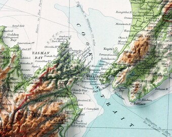 ニュージーランドのヴィンテージマップ フラット2D地形図 陰影