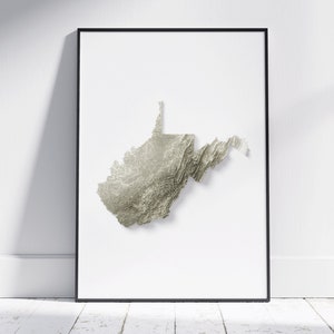 Kaart van West-Virginia ~ Minimalistische platte 2D topografische gearceerde reliëfprint | Cadeau kaart Amerikaanse staat | Muurkunst en moderne woondecoratie