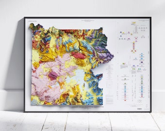 Puede incluir: Un mapa geológico enmarcado del Parque Nacional de Yellowstone. El mapa presenta un relieve 3D, mostrando el terreno del parque en colores vibrantes: amarillo, rosa, azul y verde. El mapa está enmarcado en negro e incluye información geológica detallada.