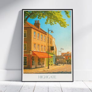 Highgate London Travel Poster, Charming Street Scene ~ UK Urban Art Print | Historic Architecture Home Decor