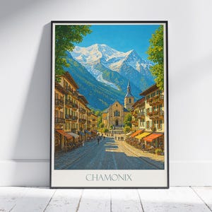 Chamonix Travel Poster, Mont Blanc View | French Alps Art Print | Mountain Village Wall Decor Gift