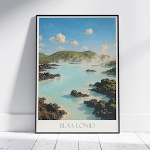 Poster di viaggio Laguna Blu, Islanda, Bláa Lónið ~ Stampa artistica dipinta con spa geotermica / Decorazione murale con paesaggio vulcanico / Regalo di viaggio nordico