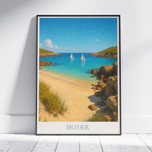 Bryher Reiseposter, Serene Bryher Shores Kunstdruck | Isles of Scilly Strand Wanddekor | Küsten Zuhause Geschenk