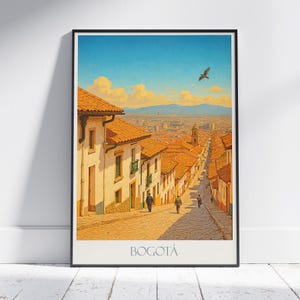 Póster de viaje a Bogotá / Vista del paisaje urbano de Colombia / Impresión artística vintage de La Candelaria / Decoración del hogar de Sudamérica