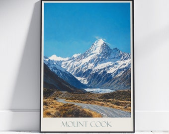 Impression de voyage Mount Cook ~ Poster de voyage en Nouvelle-Zélande, art mural, décoration d'intérieur, cadeau personnalisé encadré