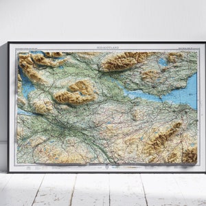 Stirling, North Lanarkshire, Edinburgh & Glasgow ~ Vintage Flache 2D Shaded Relief Map Print Poster Wall Art Decor