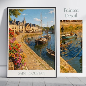Cartaz de viagem de Saint-Goustan | Impressão artística de Auray, Bretanha, França | Decoração de parede com cena encantadora de porto | Presente de férias em estilo pintado