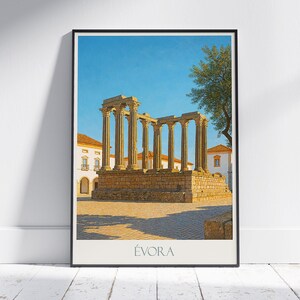 Poster di viaggio di Evora / Stampa del Tempio romano di Evora / Arte del paesaggio urbano del Portogallo / Decorazione murale d'epoca del sito UNESCO / Regalo souvenir del Portogallo