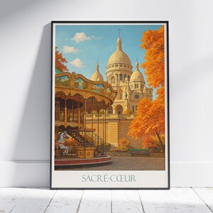 Poster di viaggio a Parigi: Stampa artistica sulla Basilica del Sacro Cuore e sulla giostra di Montmartre / Decorazione da parete autunnale a Parigi / Souvenir per le vacanze in Francia
