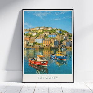 de voyage de Mevagissey | Impression d&#39;art de village de pêcheurs de Cornouailles | Décoration murale côtière britannique | Art mural de port vibrant | Impression bord de mer de Cornouailles
