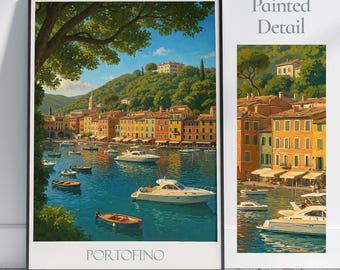 Cartaz de viagem de Portofino, Itália: impressão artística costeira pintada