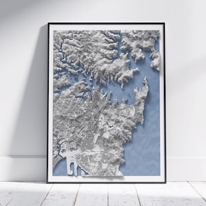 Sydney, Australien ~ 2D Reliefkarte Stadtplan Print Poster Moderne Wanddekoration Topografisch
